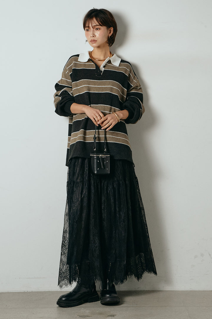 [SET]ラガーニットボーダーポロプルオーバー+ひげレース切替ロング丈スカート(2set)
