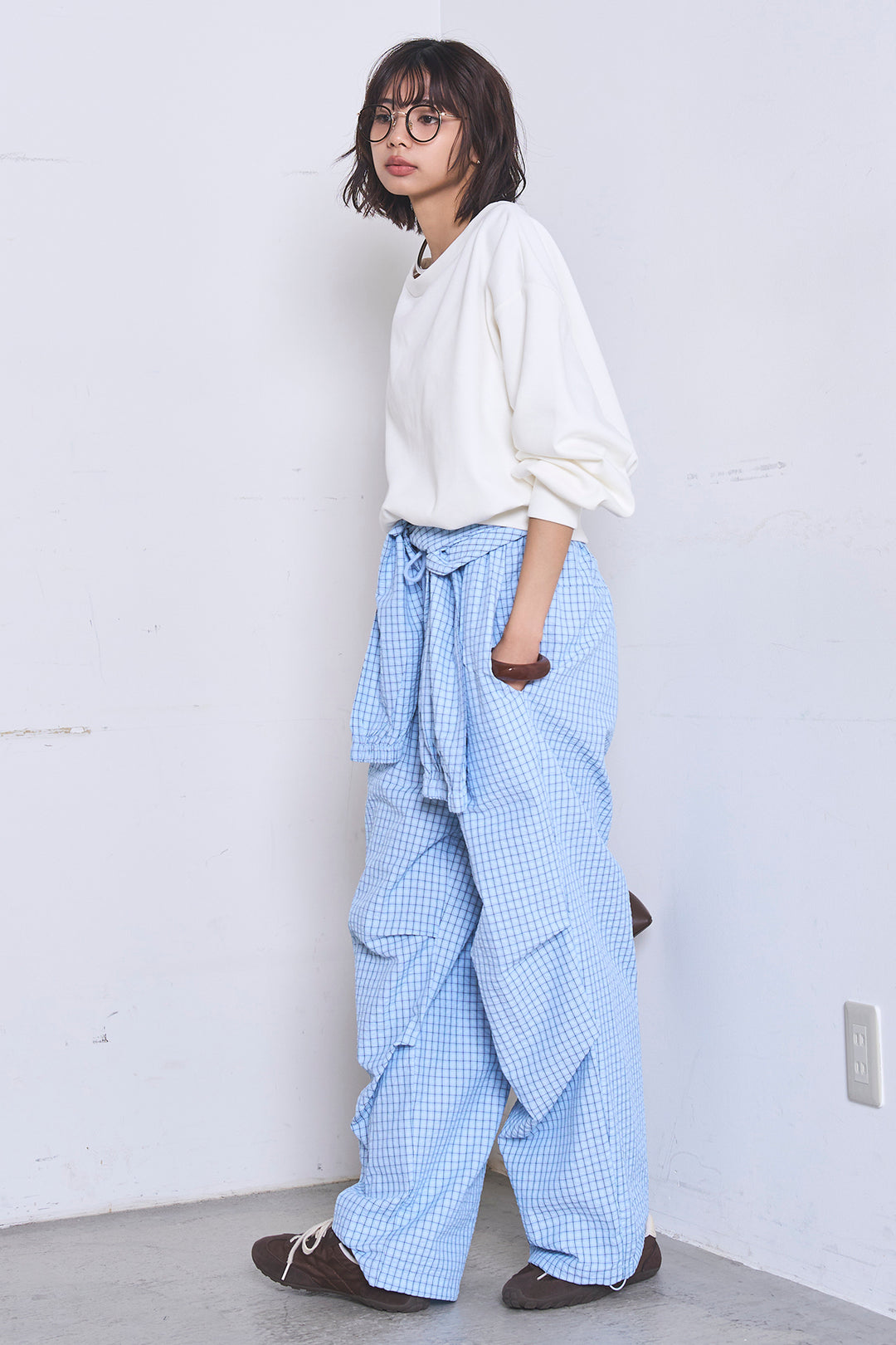 [SET]ワンショルスウェットプルオーバー+チェックウエスト巻きジョガーパンツ(2set)