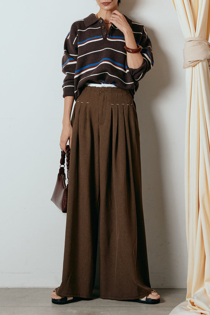 [SET]襟付きマルチボーダーニットポロトップス+ウエストステッチデザインワイドスラックス(2set)