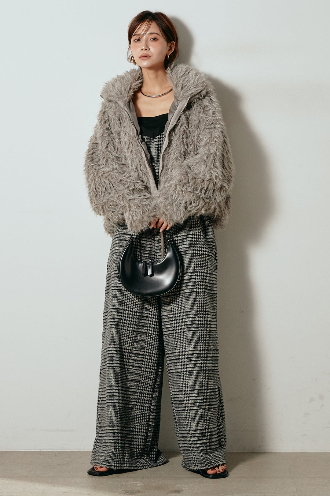 [SET]ミックスシープファースタンドブルゾン+前後2wayグレンチェック柄スカーチョサロペット(2set)