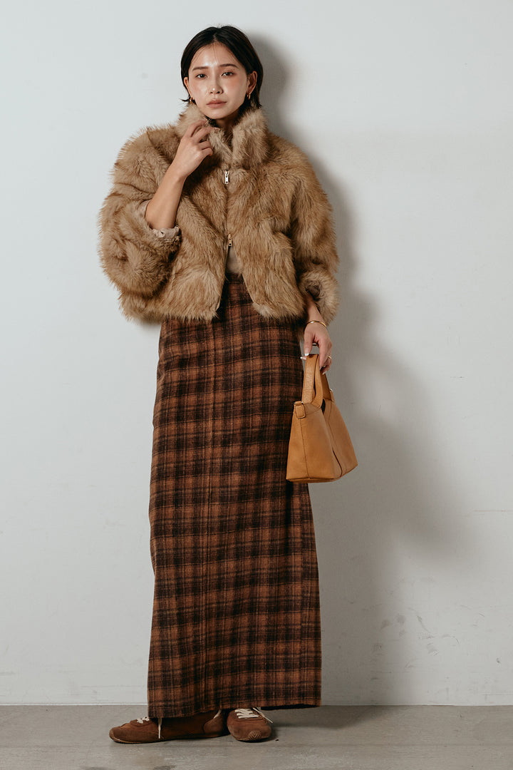 [SET]エコファーショート丈ブルゾン+シャギーチェックストレートスカート(2set)