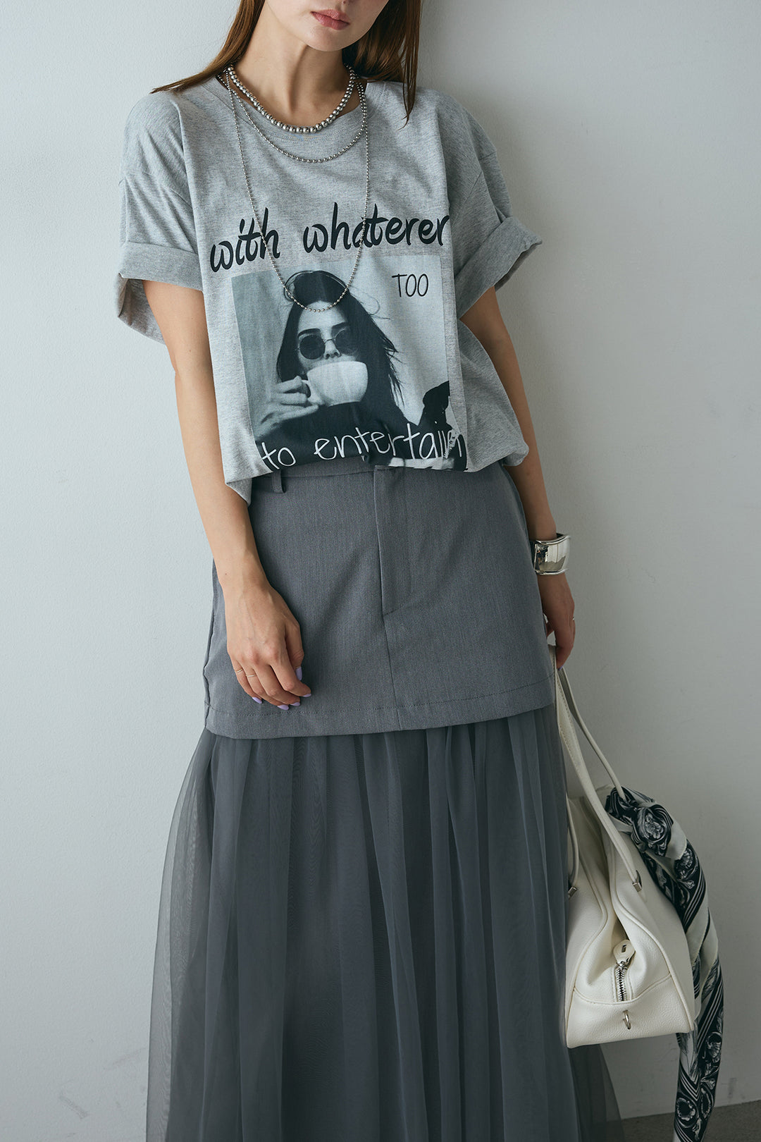 [SET]モノトーンフォトプリントTシャツ+切り替えデザインボリュームチュールスカート(2set)