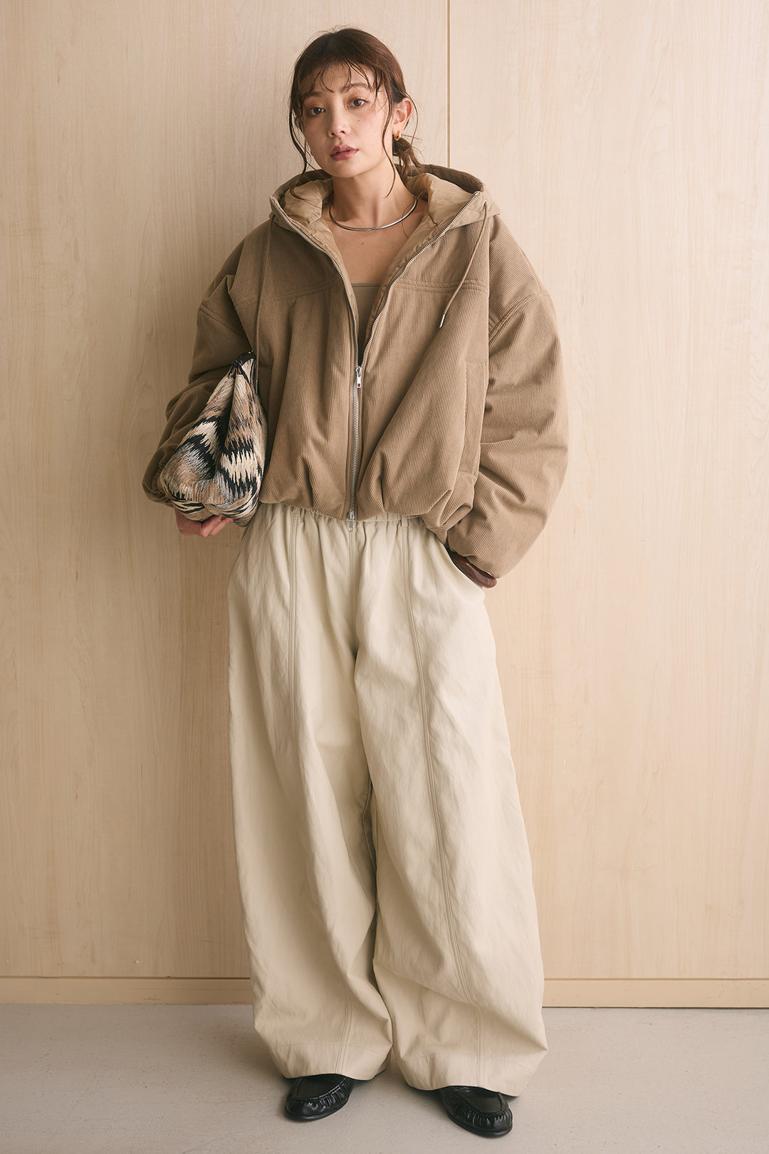 [SET]コーデュロイフーディバルーンブルゾン+フェイクレザーカーブワイドパンツ(2set)