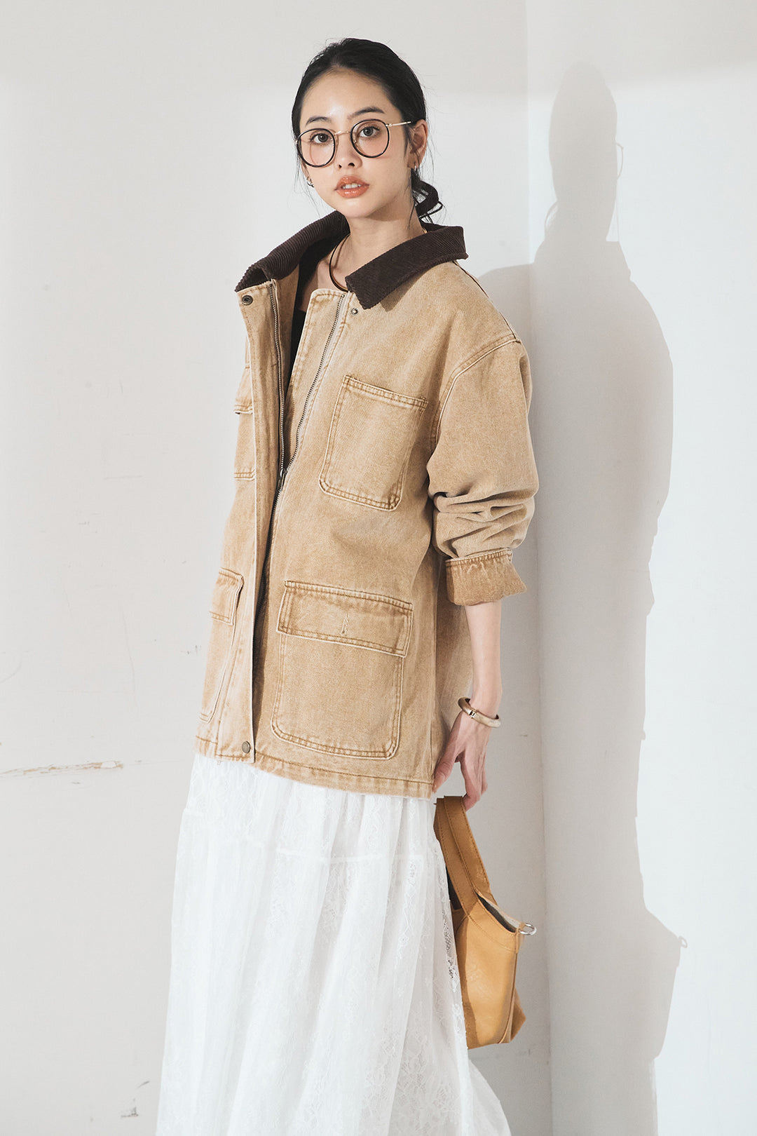 [SET]襟コーデュロイジップデニム調カバーオール+ひげレース切替ロング丈スカート(2set)