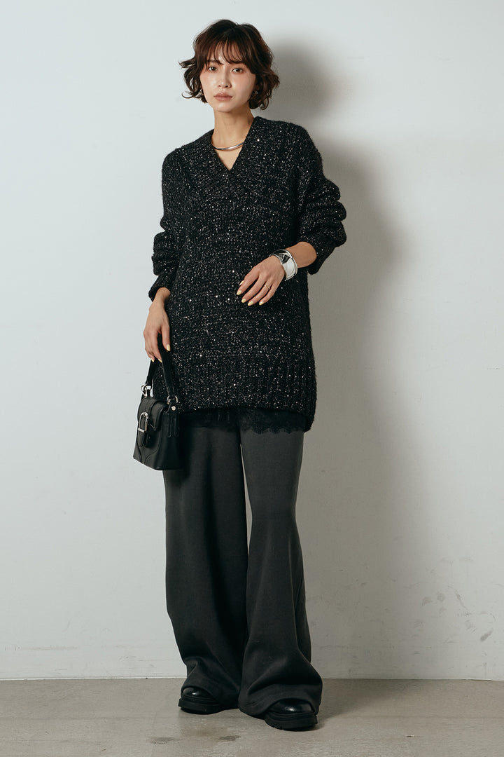 [SET]Vネックラメニットトップス+裏起毛スウェットワイドパンツ+レース切り替えキャミソール(3set)