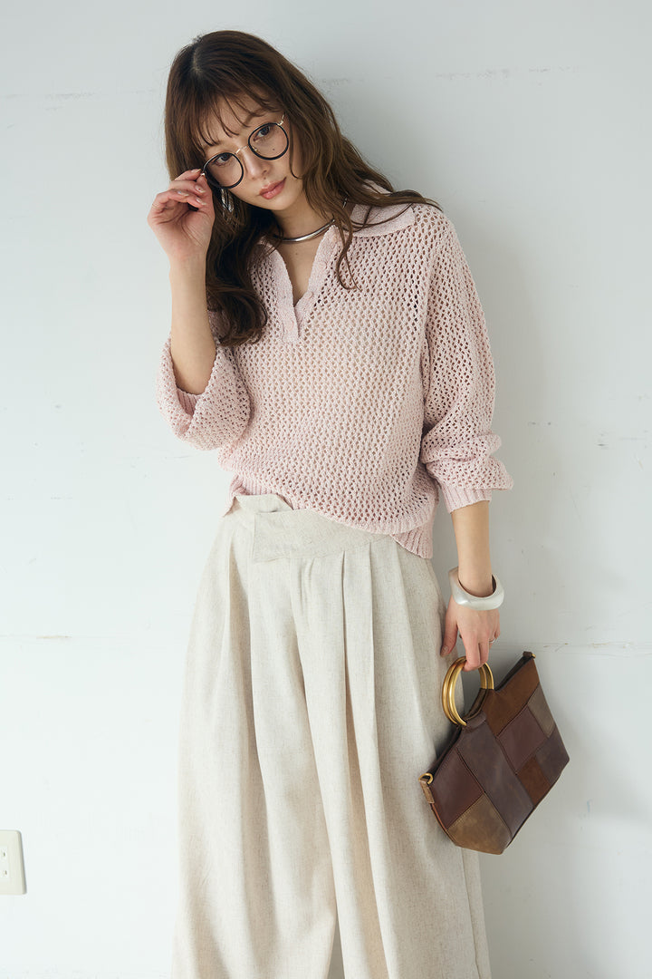 [SET]ミックスメッシュポロニット+麻混タックワイドパンツ(2set)