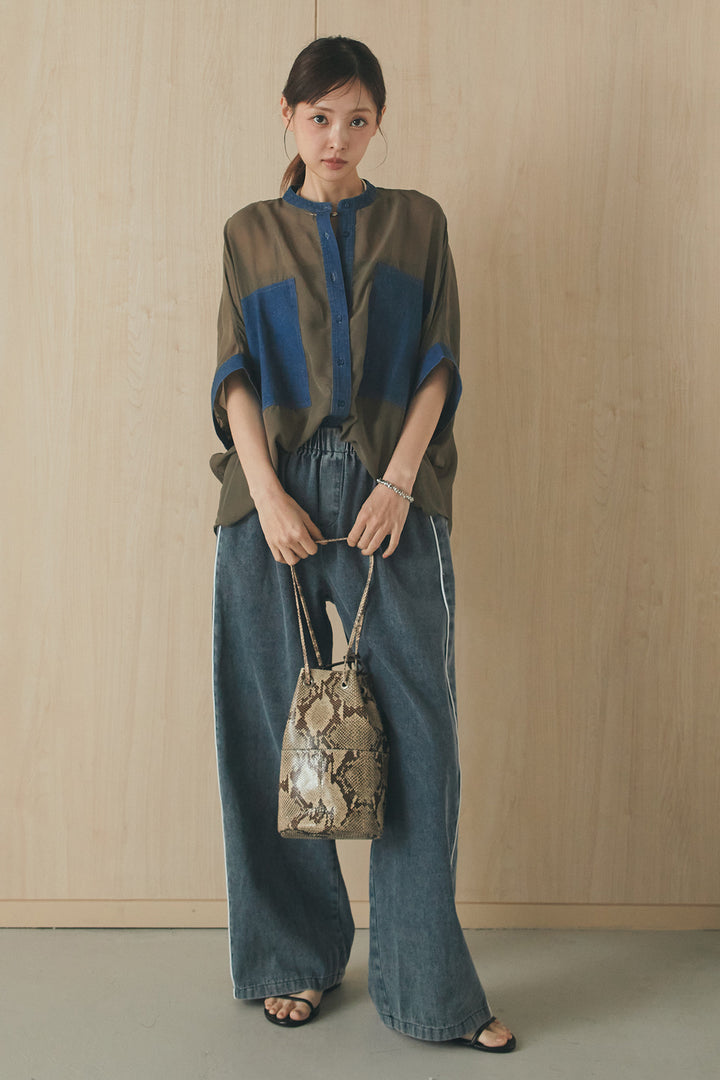 [SET]デニムライクビッグツーポケシアーシャツ+ドロストサイドラインデニムパンツ(2set)