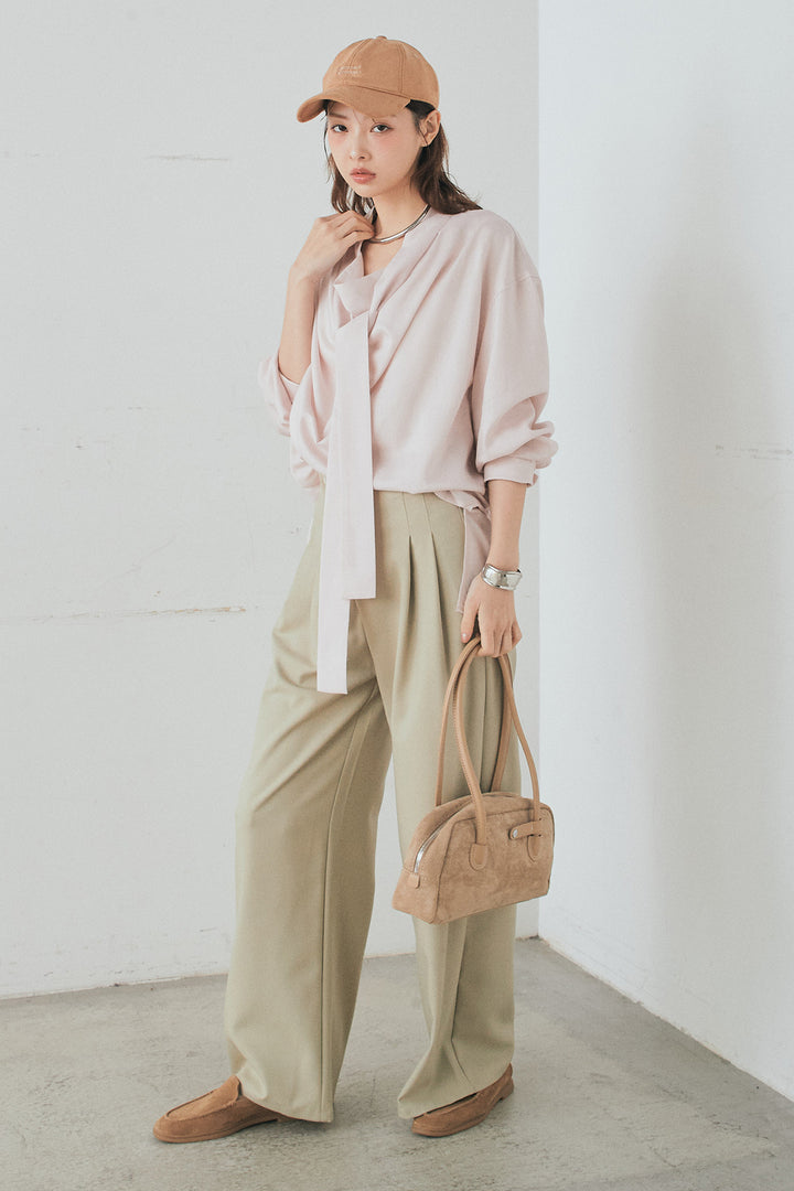 [SET]ニュアンスボータイブラウス+斜めボタンタック入りスラックス(2set)