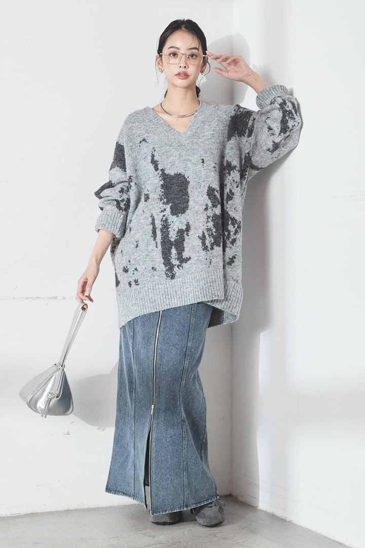 [SET]アブストラクト柄ニットプルオーバー+フロントジップデニムスカート(2set)