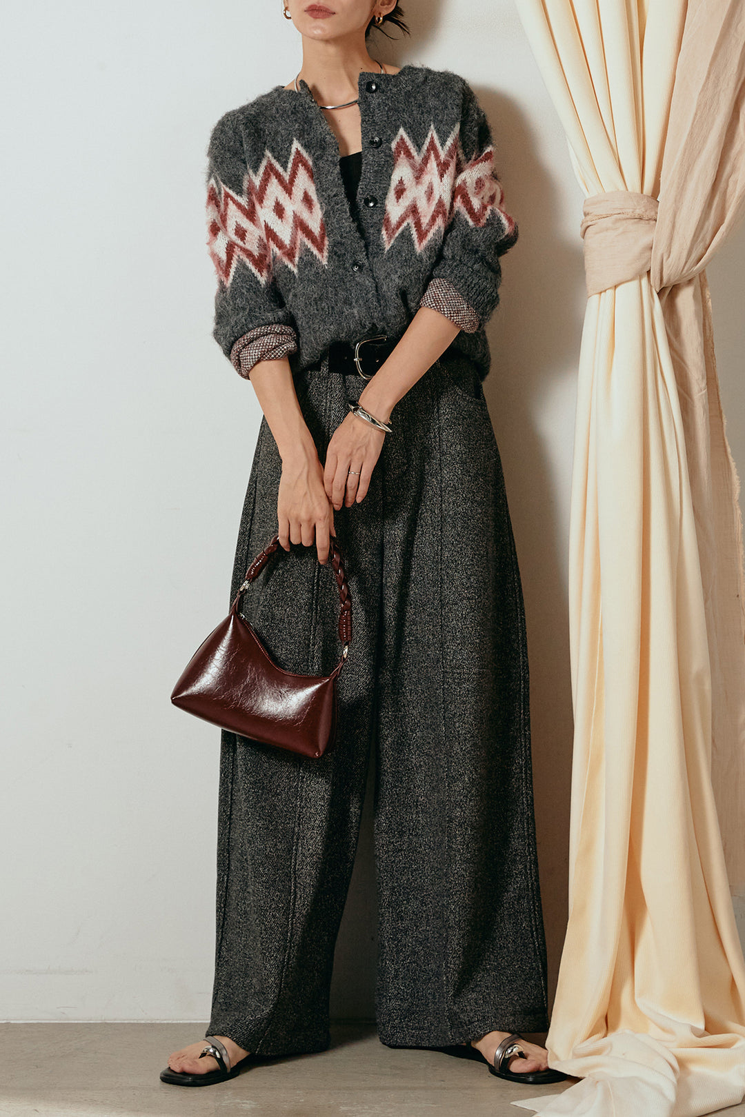 [SET]起毛ノルディック柄ニットカーディガン+太ベルト付きツイードワイドパンツ(2set)