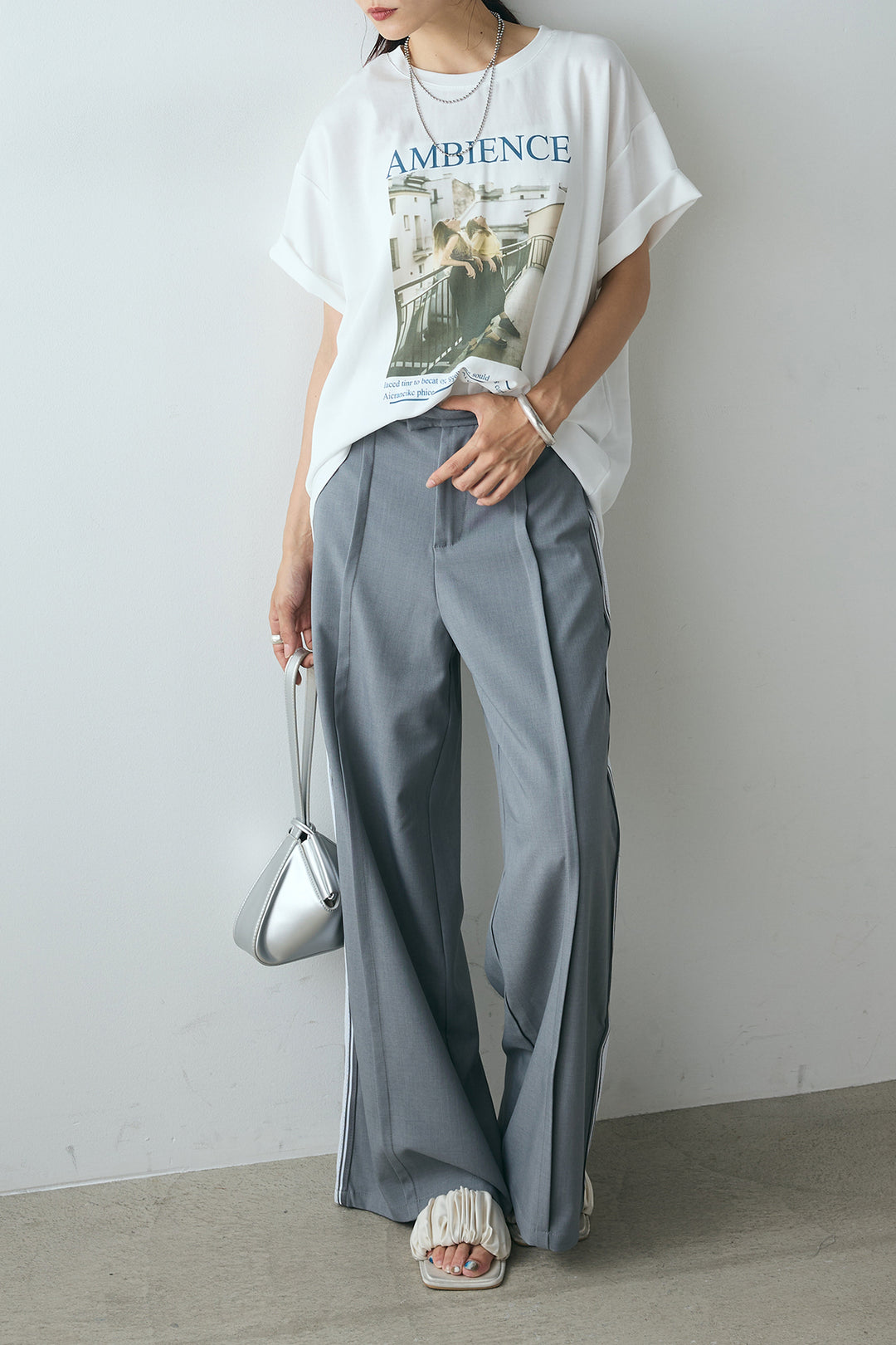 [SET]AMBIENCEフォトプリントTシャツ+サイドラインワイドスラックスパンツ(2set)