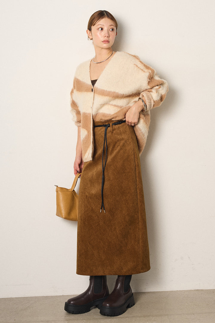 [SET]アクセントブラッシュドカーディガン+ロープベルト付きスウェード調スカート(2set)