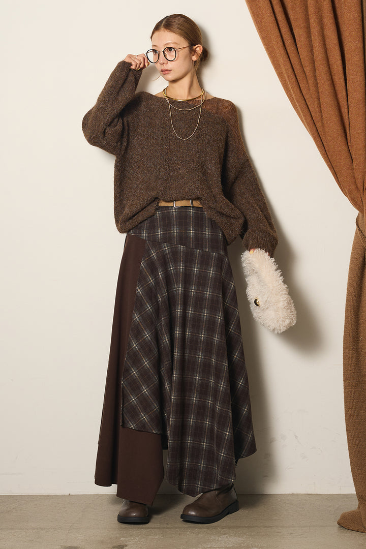 [SET]切り替え編みデザインニットトップス+フェイクレザーベルト付き切り替えタータンチェックスカート(2set)