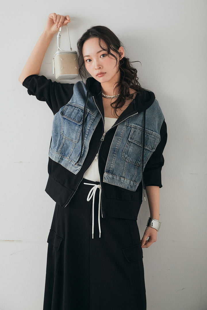 [SET]デニム切替ポンチダブルジップパーカー+リラックススウェットスカート(2set)