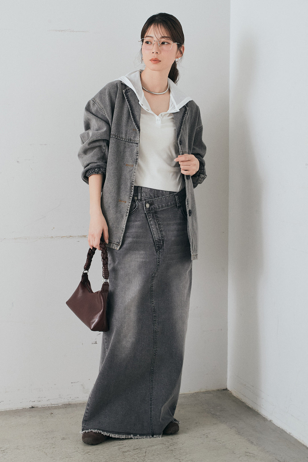 [SET]オーバーデニムジャケット+ウエストクロスデニムタイトスカート(2set)