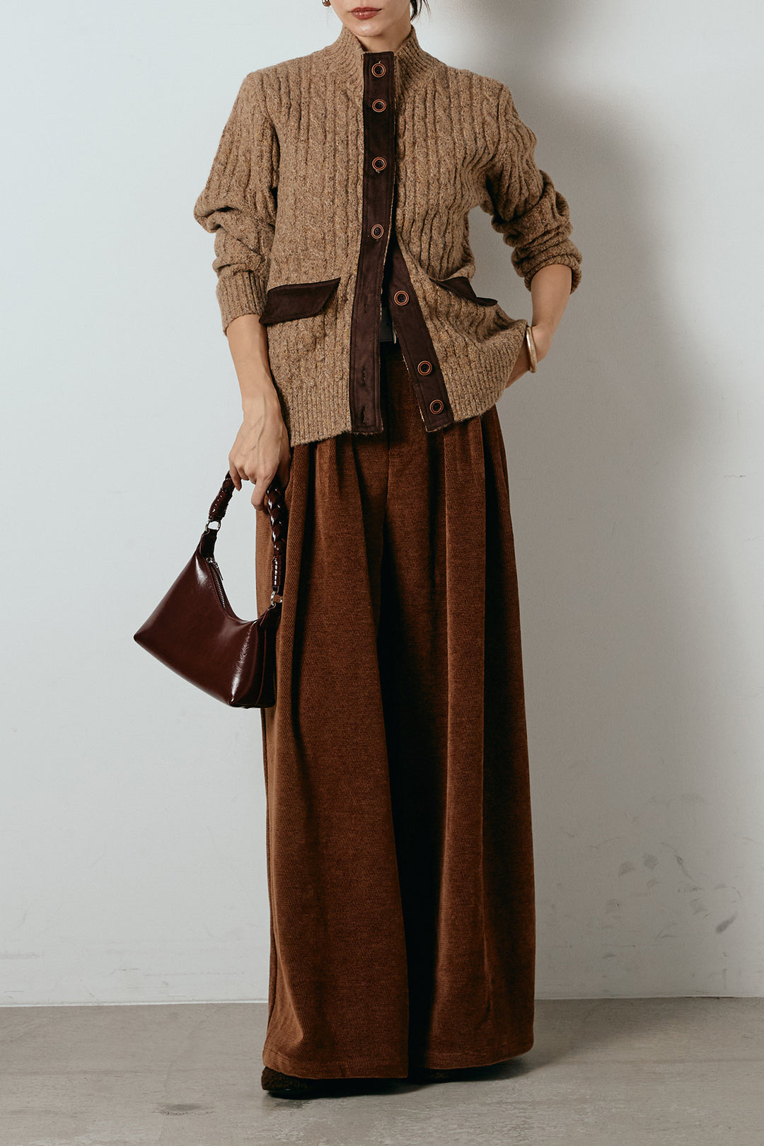 [SET]ボトルネックケーブルニットカーディガン+ベルトループコーデュロイワイドパンツ(2set)