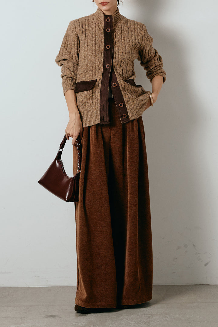 [SET]ボトルネックケーブルニットカーディガン+ベルトループコーデュロイワイドパンツ(2set)