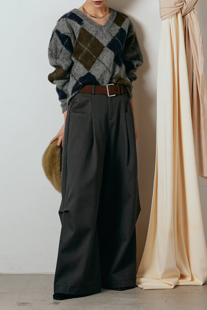 [SET]アクリルモヘアアーガイルVネックプルオーバー+太ベルト付きタックデザインワイドパンツ(2set)
