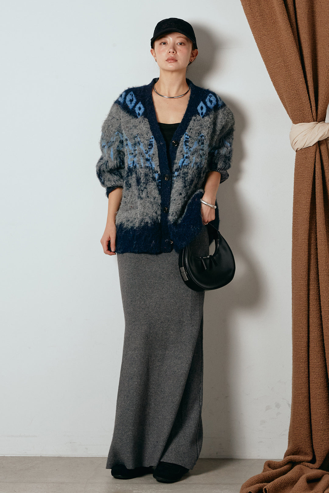 [SET]シャギーニュアンス柄ニットカーディガン+リブナローニットスカート(2set)