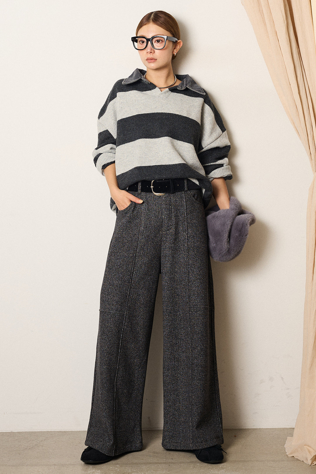 [SET]デニムカラーボーダールーズニット+太ベルト付きツイードワイドパンツ(2set)