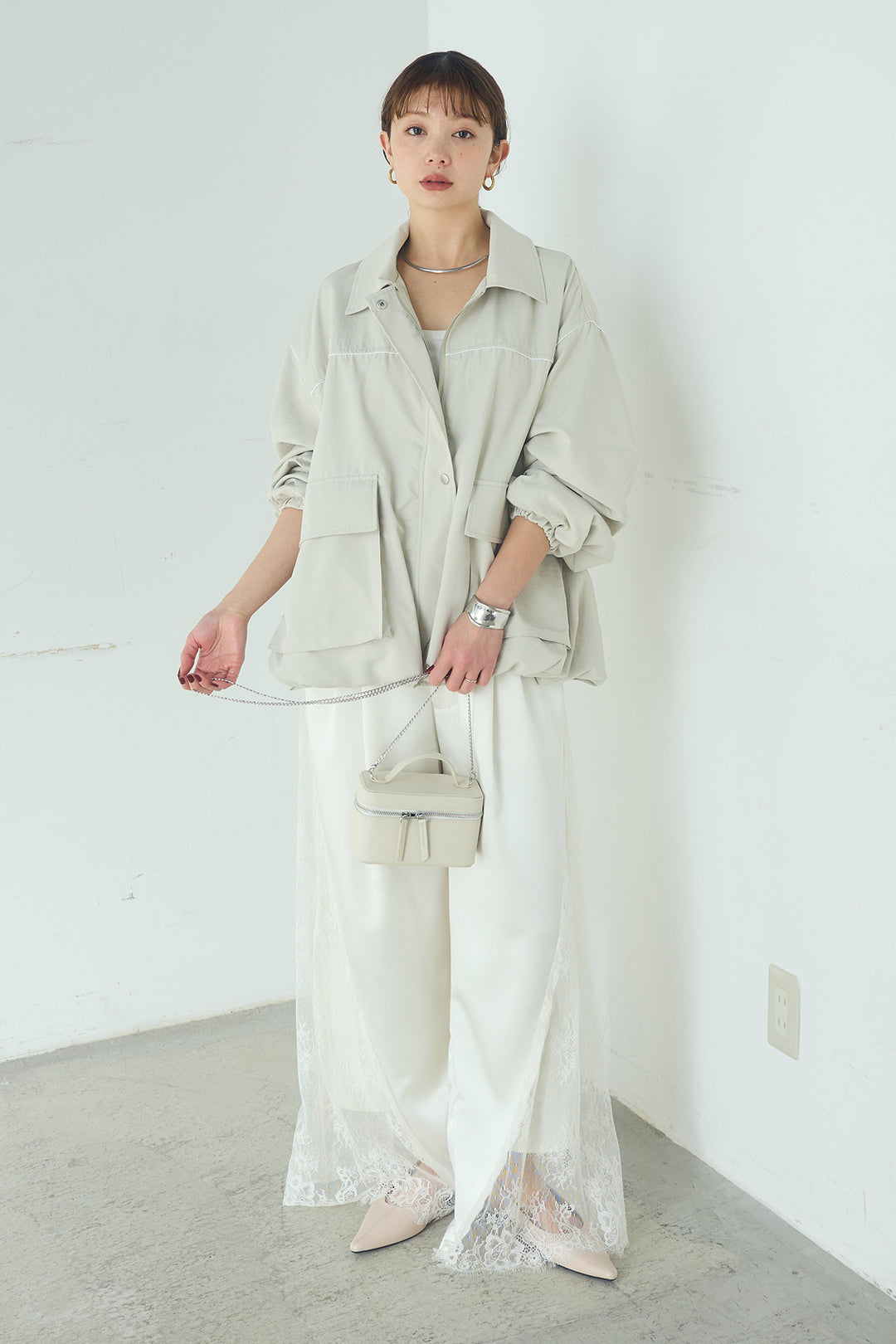 [SET]合繊ツイルバルーンジャケット+サテンレース切り替えタックパンツ(2set)