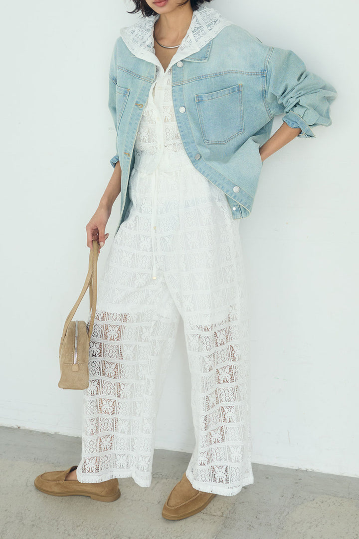 [SET]デニムオーバーサイズジャケット+パッチワークレースイージーパンツ+パッチワークレースショート丈フードシャツ(3set)