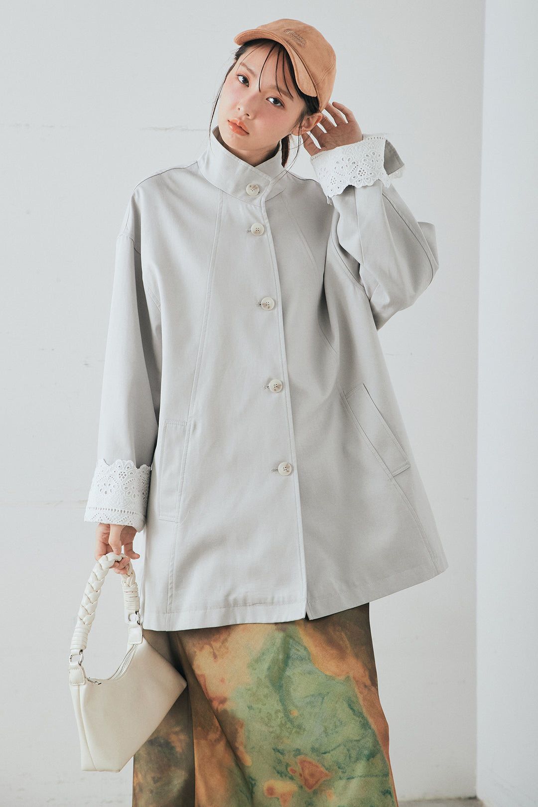 [SET]袖折り返しレースデザインアウター+ニュアンス柄サテンスカート(2set)