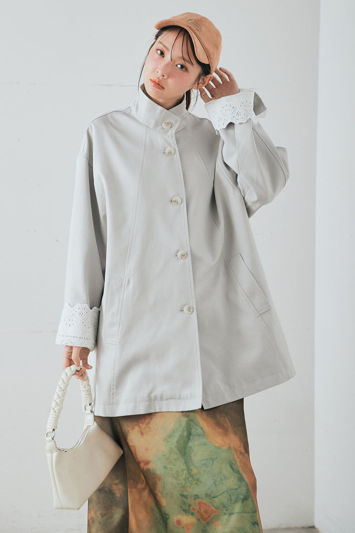 [SET]袖折り返しレースデザインアウター+ニュアンス柄サテンスカート(2set)