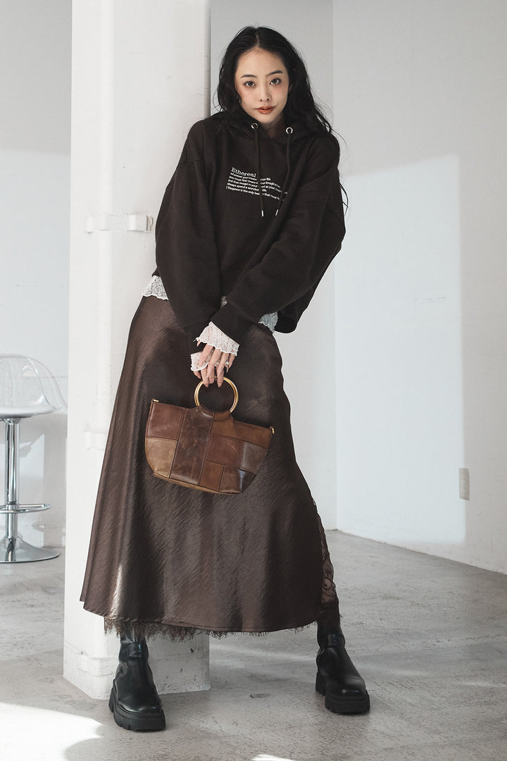 [SET]裏起毛レタリング刺繍フーディショートプルオーバー+ストレッチレースクルーネックインナー(2set)