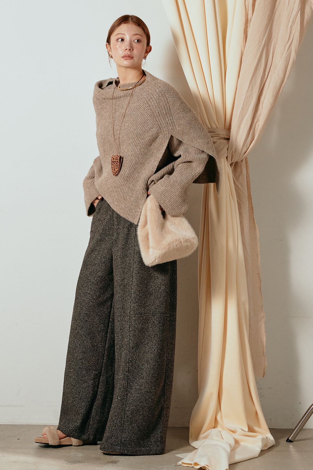 [SET]ケープデザインリブニットトップス+太ベルト付きツイードワイドパンツ(2set)