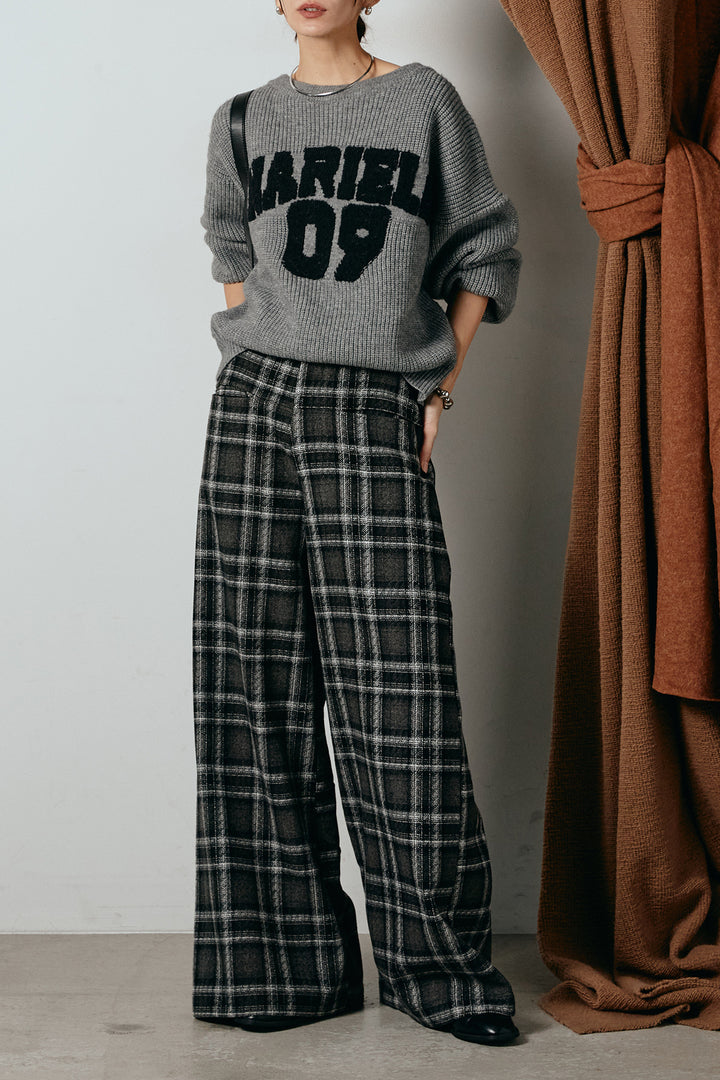[SET]ロゴジャガードニットトップス+ルーズタータンチェックワイドパンツ(2set)