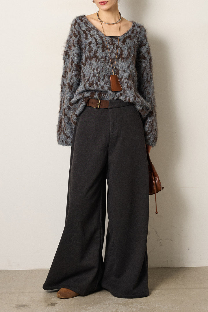 [SET]フラッフィーレオパードシャギーニット+サイドベルトパンツ(2set)
