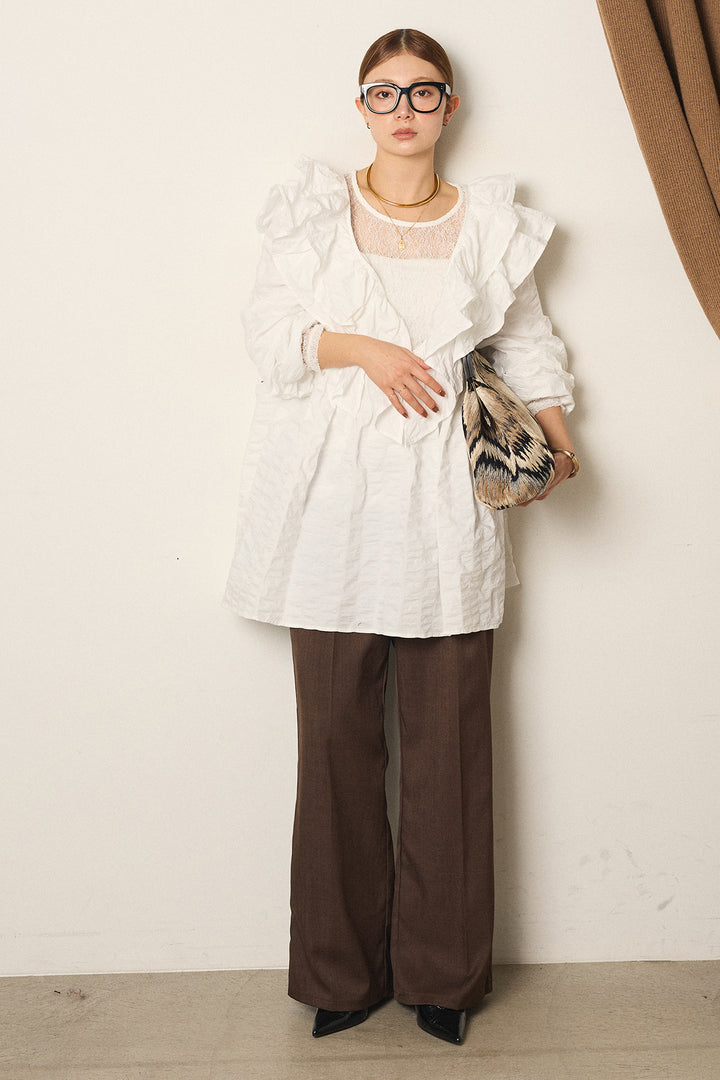 [SET]Vネックフリルカラーブラウス+ツイルスプリングカラータックパンツ+ストレッチレースクルーネックインナー(3set)