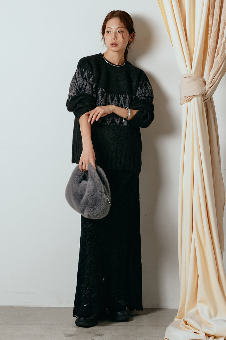 [SET]モノトーン柄ニットトップス+花柄刺繍ベロアフレアスカート(2set)