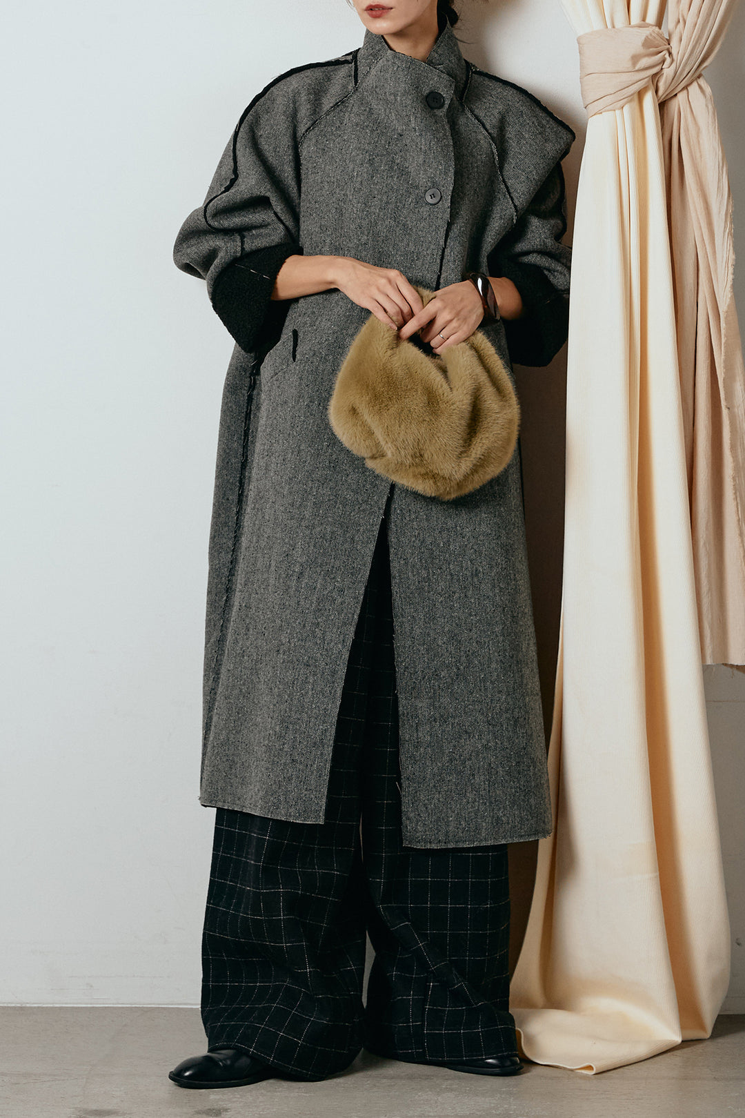 [SET]裏地ボアハイネックロングアウター+ウールライクチェックタックパンツ(2set)