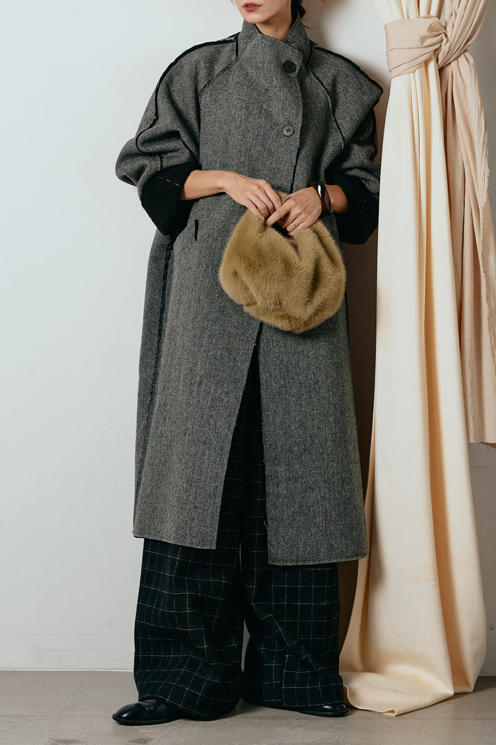 [SET]裏地ボアハイネックロングアウター+ウールライクチェックタックパンツ(2set)