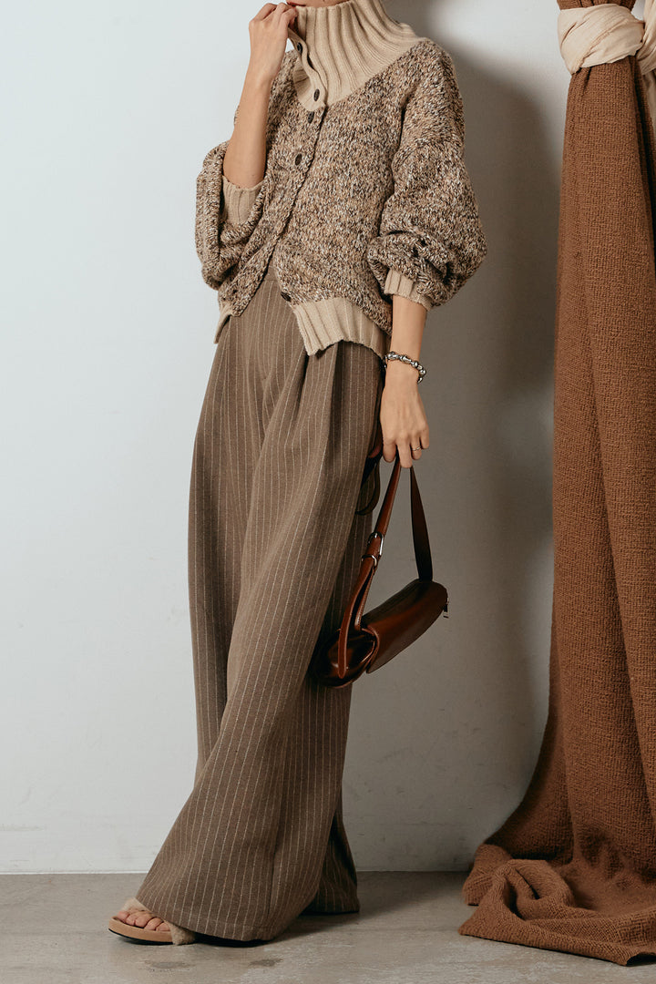 [SET]ハイネックミックスニットカーディガン+ウールライクストライプパンツ(2set)