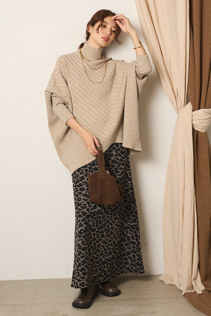[SET]アシメデザインリブポンチョニットトップス+レオパードロングスカート(2set)
