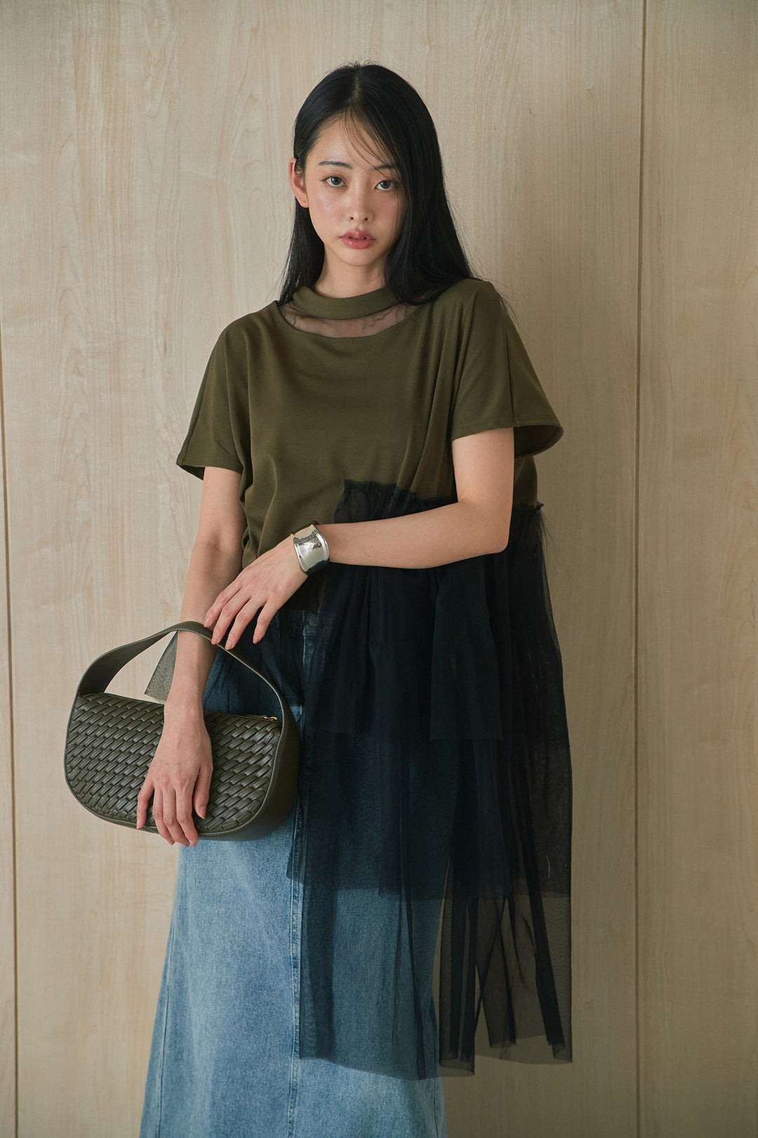 [SET]アシンメトリーチュールフリルTシャツ+デニムロングフレアスカート(2set)