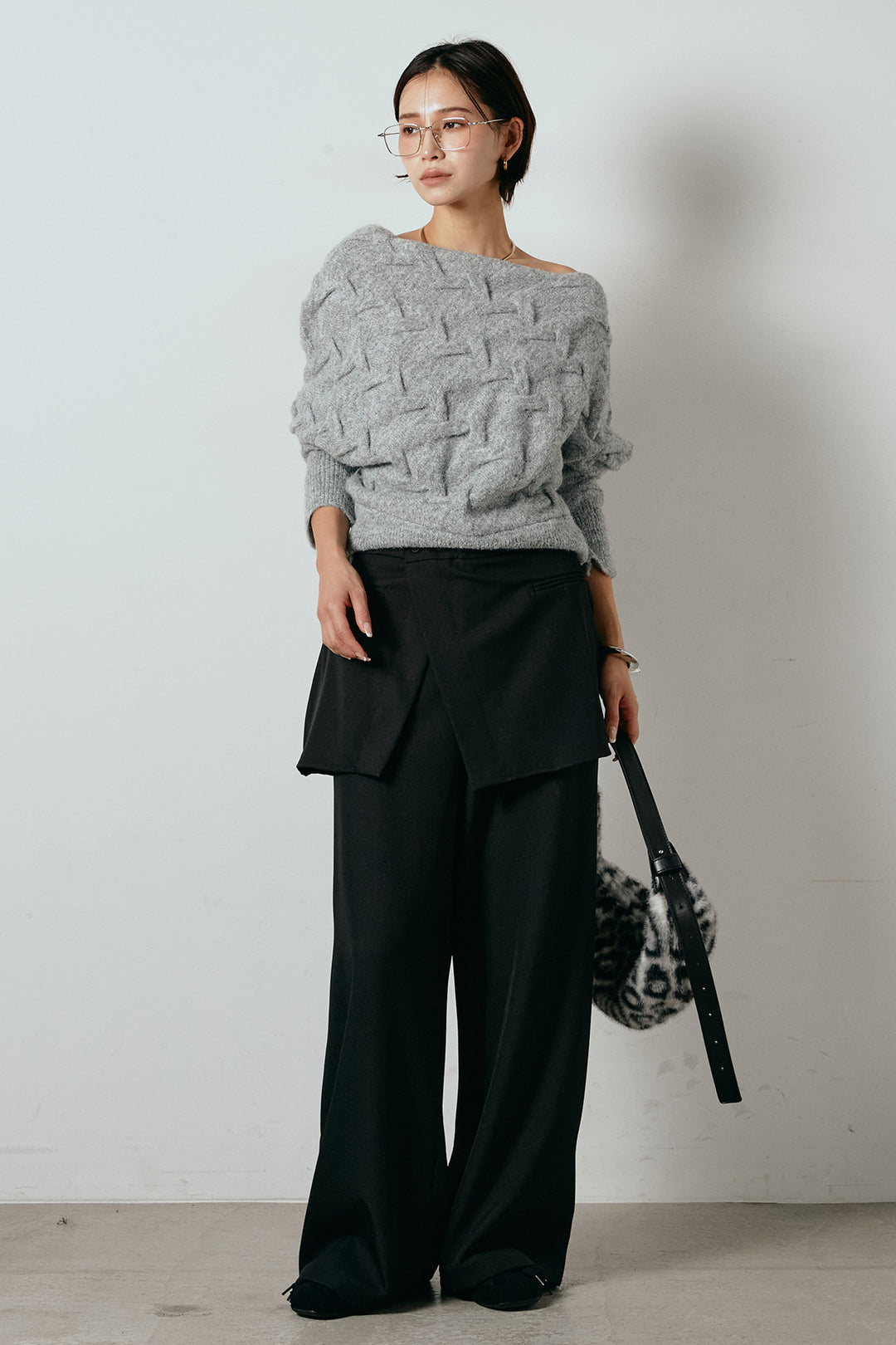 [SET]ボートネックニットトップス+ベルト付きウエストデザインパンツ(2set)