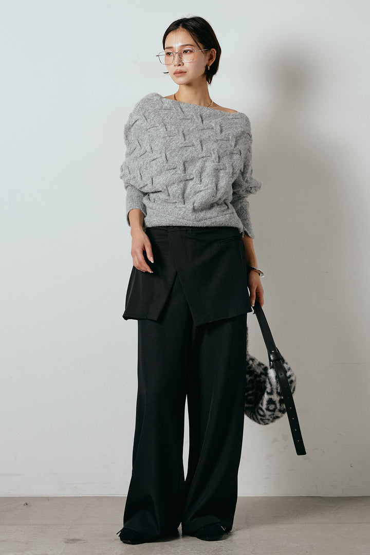 [SET]ボートネックニットトップス+ベルト付きウエストデザインパンツ(2set)