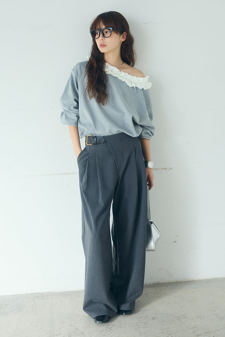[SET]ネックギャザーフリルスウェット+サイドベルトタック入りスラックス(2set)