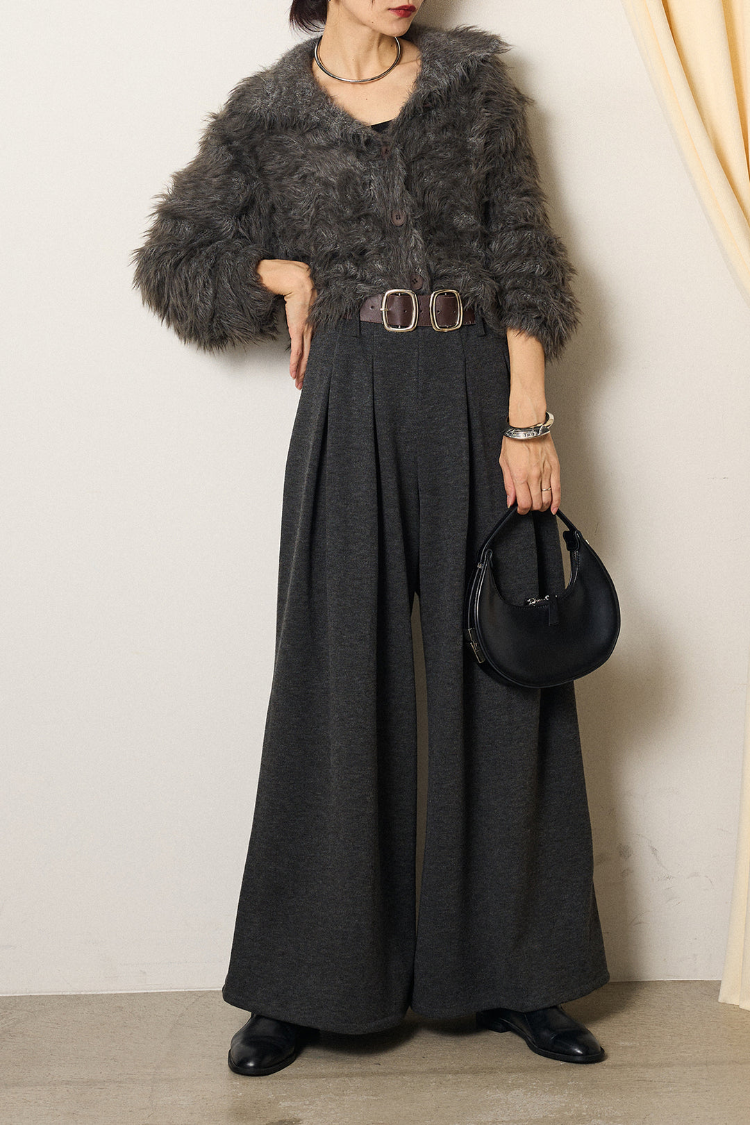 [SET]襟付きシャギーニットカーディガン+フェイクレザー太ベルト付きタックワイドパンツ(2set)