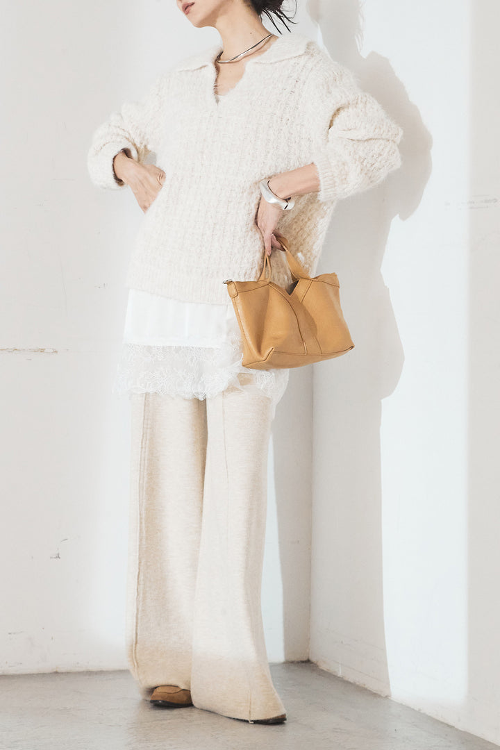 [SET]襟付きVネックニットトップス+レース切り替えキャミソール(2set)