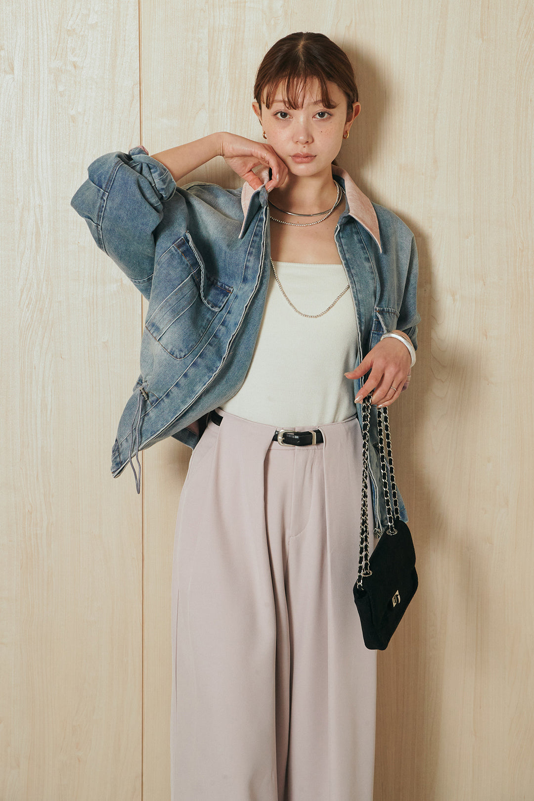 [SET]襟付き配色デニムブルゾン+ビックベルトループタックベルト付きワイドパンツ(2set)