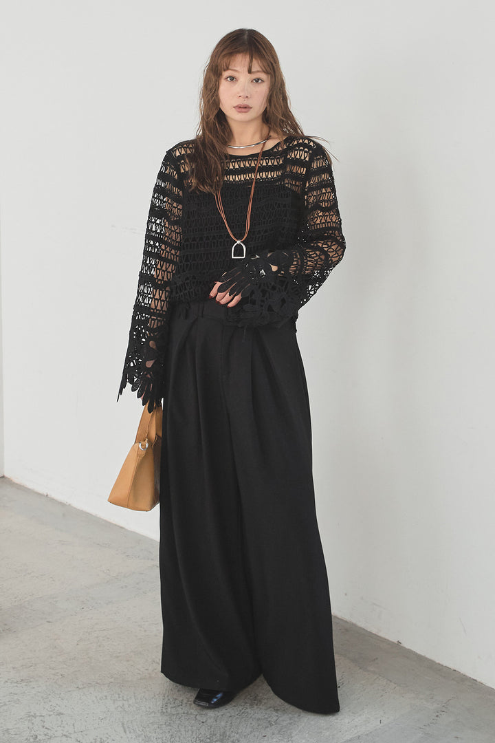 [SET]裾デザインメッシュプルオーバー+ベルト付きツータックワイドパンツ(2set)