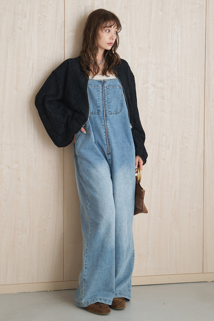 [SET]レース刺繍ジップブルゾン+フロントジップストラップデザインデニムサロペット(2set)