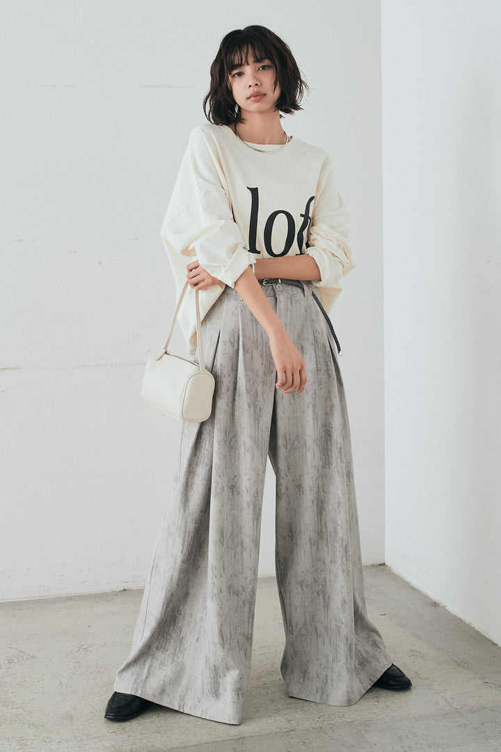 [SET]裾センタードロストロゴプリントワイドTシャツ+紐ベルト付きかすれ柄ワイドスラックス(2set)