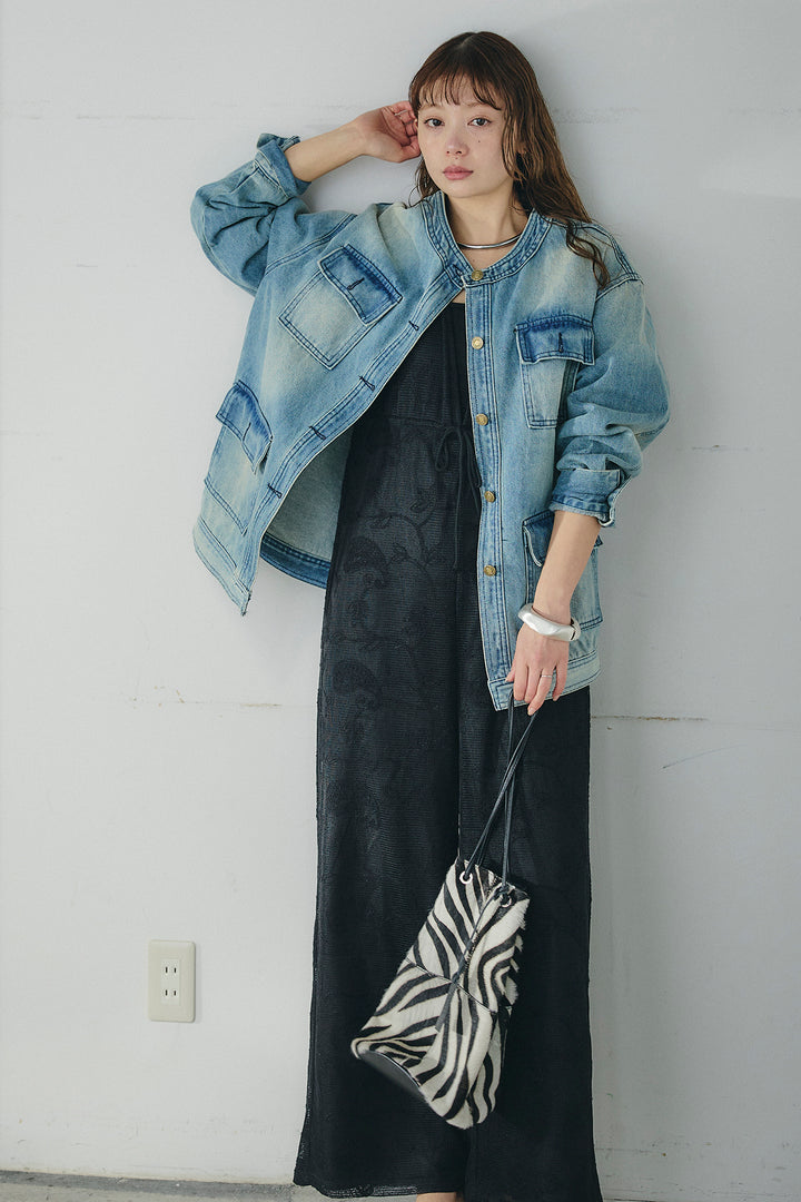 [SET]ノーカラーデニムポケットジャケット+レースサロペット(2set)