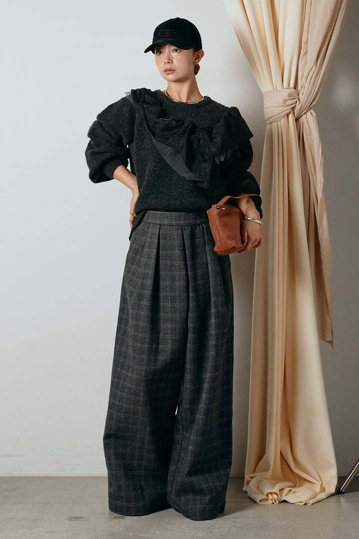 [SET]アシンメトリーフリルニットトップス+ウールライクチェックタックパンツ(2set)